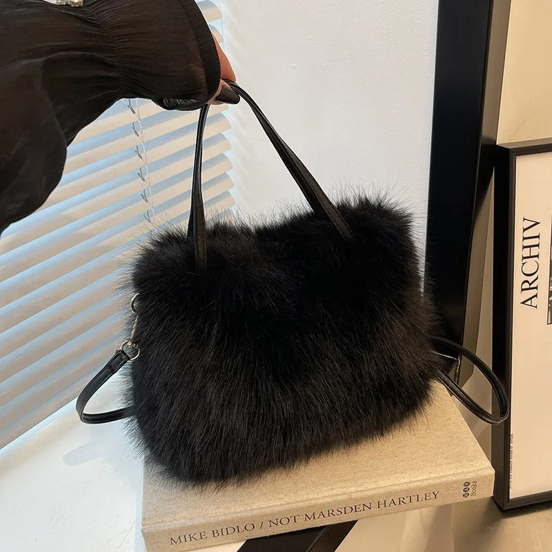 Muzax Faux Fur Tassel Bucket Bag – Soft Plush Crossbody with Shoulder Strap