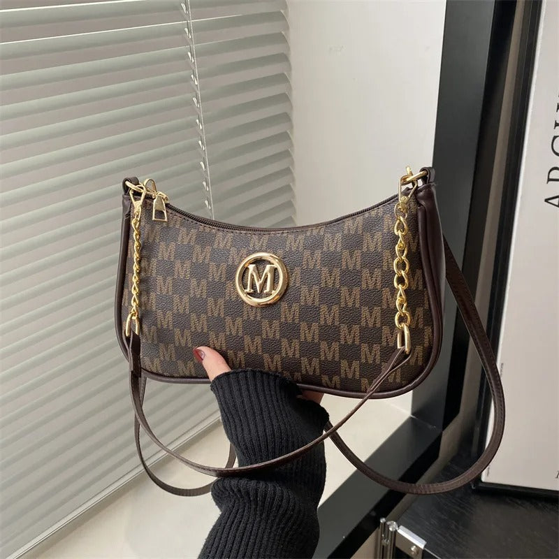 Muzax Gold Letter M Crossbody Handbag in Synthetic PU Leather