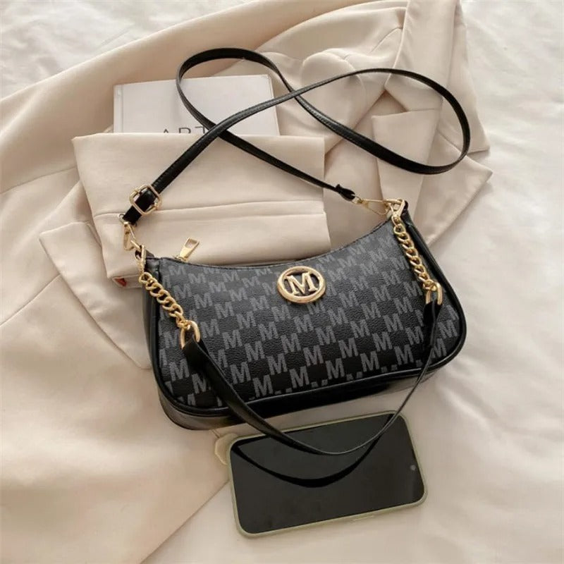 Muzax Gold Letter M Crossbody Handbag in Synthetic PU Leather