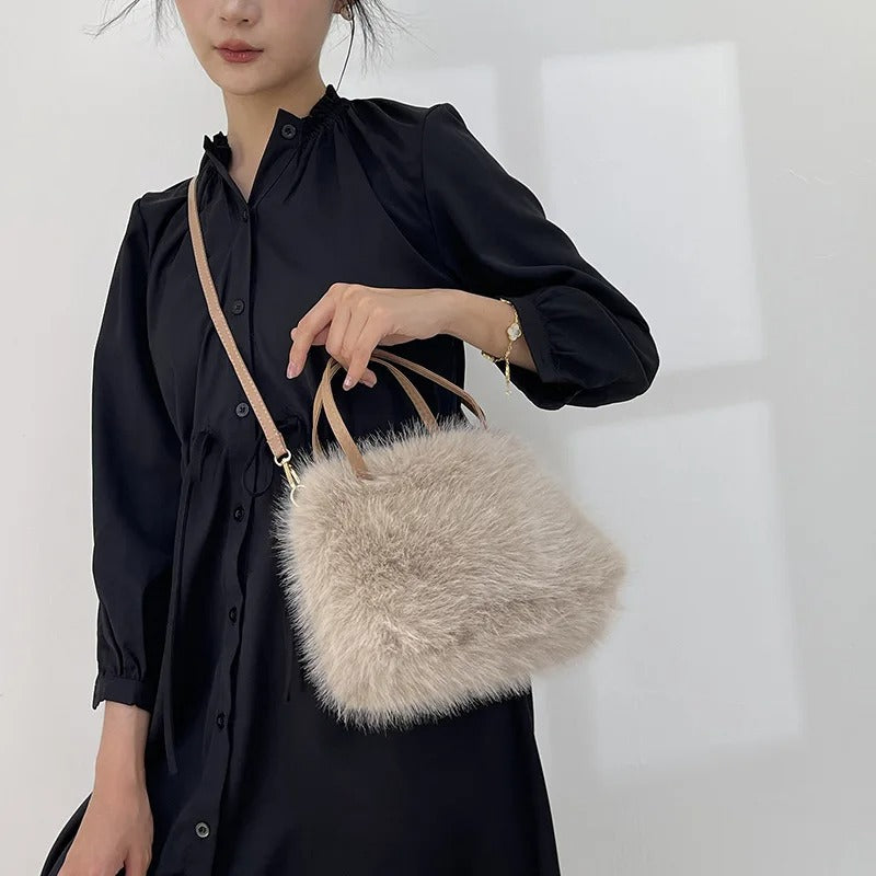 Muzax Faux Fur Tassel Bucket Bag – Soft Plush Crossbody with Shoulder Strap