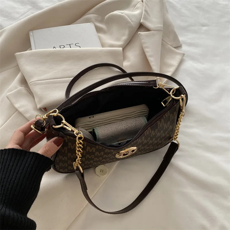 Muzax Gold Letter M Crossbody Handbag in Synthetic PU Leather